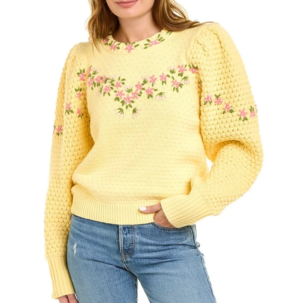 LoveShackFancy Yellow Floral Puff-Sleeve Sweater